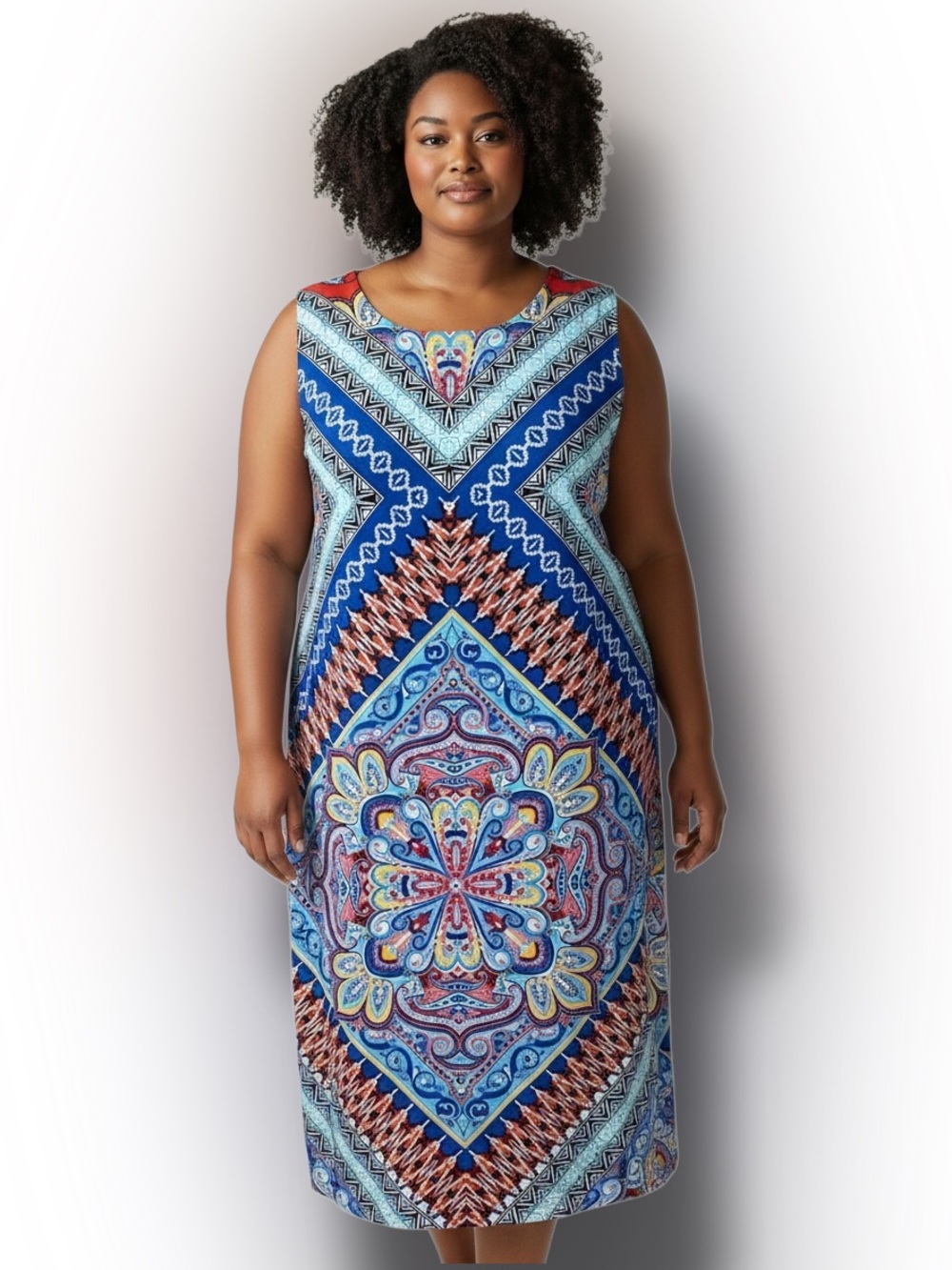 London Style Women’s Plus Sleeveless MIDI Sheath Dress Vibrant Geometric 18